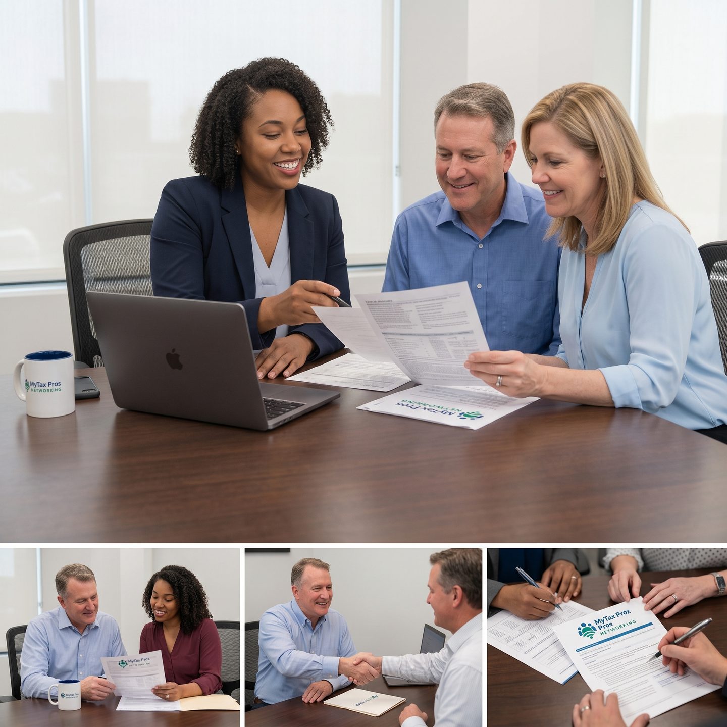 Business professionals collaborating around a laptop in a meeting